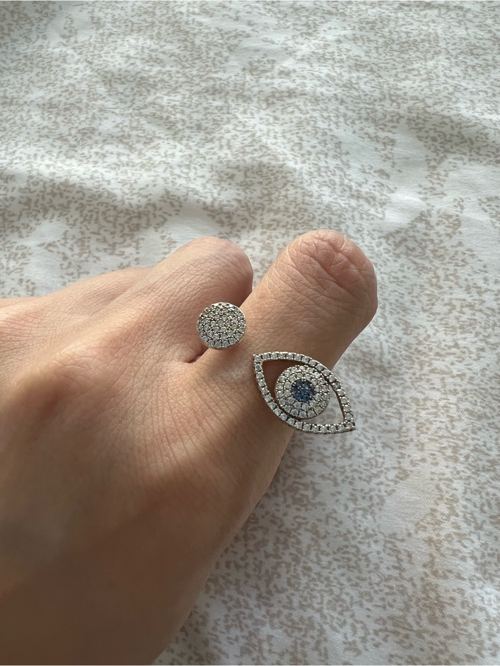 Silver Pavé Open Ring with Blue Center Evil Eye Accent